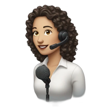 podcast host curly dark long hair white woman with podcast microphone sticker