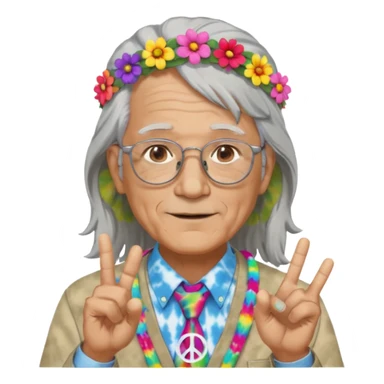 elderly man with long grey hair, glasses, peace sign necklace, tie-dye clothing, flower crown sticker
