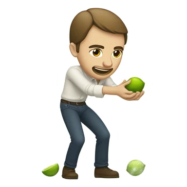 The same white man with brown hair bending down to pick up many fallen limes on the floor . sticker