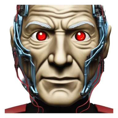 Jean luc picard from Star Trek assimilated by the Borg, with mechanical metal covering the left side of his face, with wires and a red light on the left side. His eyes are blue sticker