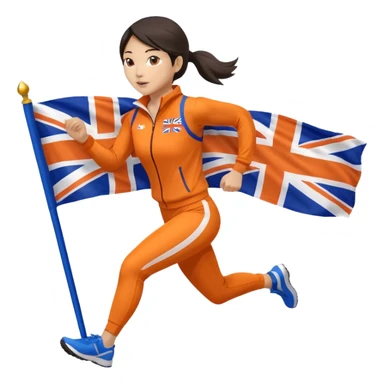 asian woman in orange sport suit and holding uk flag on the back, running sticker