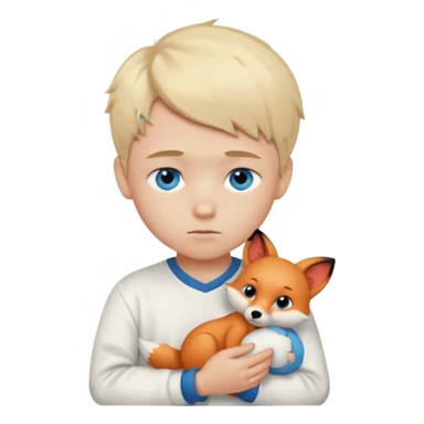 Light blonde,Shy , cute ,young Boy emoji, blue eyes, blushing, looking down, sad, white clothes, with a Small plush toy fox in the arm sticker