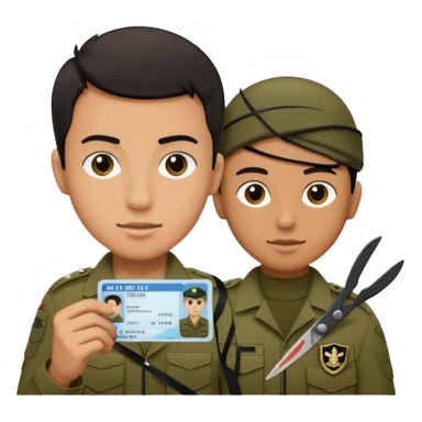 Floating black Scissors cutting in half an idf soldier ID card with a little chip in 2 parts .hyper realistic sticker