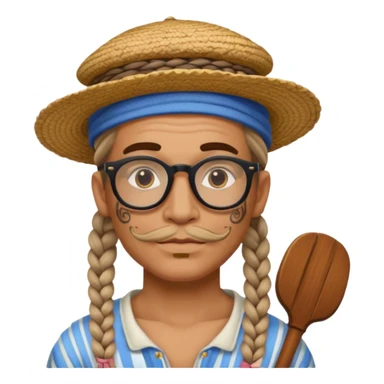 very tattoed face, normal glassess, fat venice gondolier with iconic hat and thick braided hair sticker