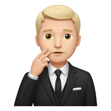 white man in formal suit thinking hard, hand to mouth sticker