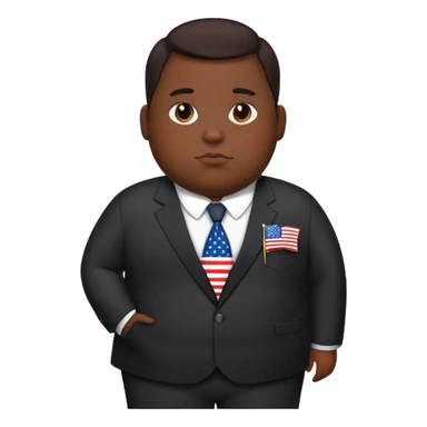 overweight person in dark suit with US flag pin sticker