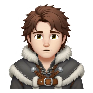 Medieval winter outfit worn by a DnD themed fantasy male character. Heavy slate gray wool tunic with wolf fur trim, featuring carved bone toggles and a wide leather belt with iron buckle. Clothes only above the waist, full waist coverage. The character has no arms. Character is white-skinned with dark copper hair, hazel eyes, and medium-length tousled hair with snow-touched strands. sticker