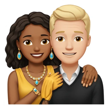 interracial couple. Black smiling woman with nice jewelry. White man crying with his arm around her shoulder. sticker