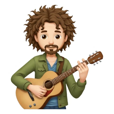 Generate a malnourished dude with curly hair and a shitty goatee who is high on marijuana playing the guitar and twisting a strand of his hair sticker