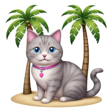 Fat grey cat with blue eyes and pink collar sitting outside under a palm tree sticker