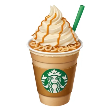 Hot ramen, macaroons on the side and caramel ribbon crunch frappucino in a starbucks cup sticker