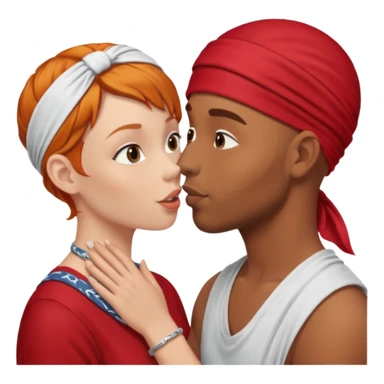 Two people naked kissing, brown man with bandana no hair, white girl ginger hair sticker