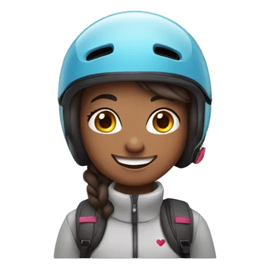 Brunete wearing a skiing helmet and smiling with a heart sticker