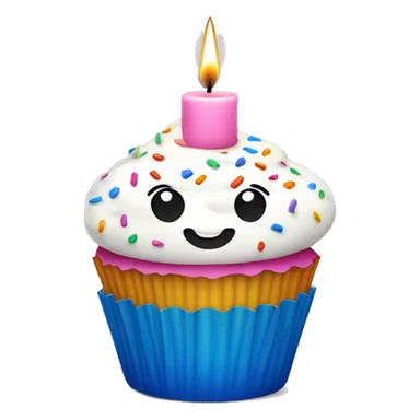 Cupcake with white frosting, a blue wrapper, rainbow sprinkles, and a pink candle sticker