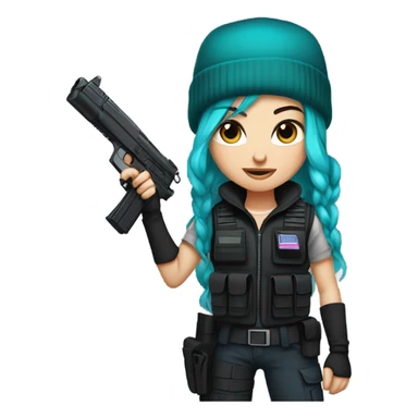 Girl, white skin, tactical vest, dark pants, long teal purple hair, blue eyes, black beanie hat, gun, black combat boots sticker