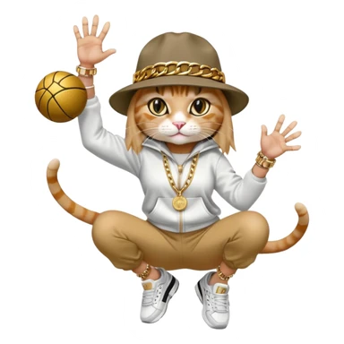 female cat wearing Run DMC hip-hop outfit with tracksuit, fedora, Adidas sneakers, many gold chains, rings, bracelets, flashy earrings, reaching up and catching a ball high in the air, no sunglasses sticker