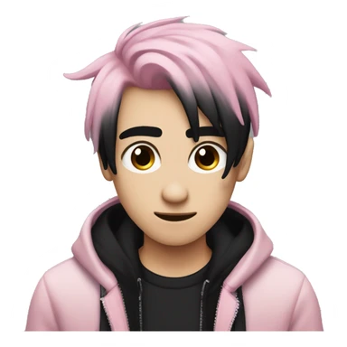 Create an emoji of an emo guy with split-dyed hair—one side pastel pink and the other side black. The hair should have a slightly messy, choppy texture, and the character should have a subtle, sad expression, wearing dark clothing typical of emo fashion sticker