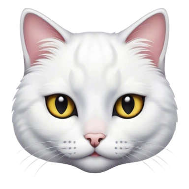 A white cat with a black spot on her left eye and a black back sticker