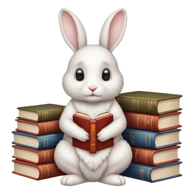 White rabbit sitting next to a stack of books consisting of 3 books sticker