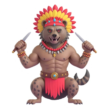 A native strong buff hyena with war bonnet flexing posing full body holding a chopped off human head by the hair  sticker