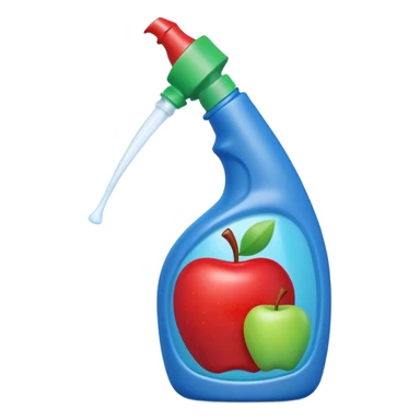 angled plastic squeeze bottle with curved neck and pointed nozzle for toilet rims, opaque or slightly translucent, bold colors blue, green, red, firm ergonomic shape, no label, brush, or toilet, apple emoji style, soft lighting, subtle shadows, transparent background, emoji scale sticker