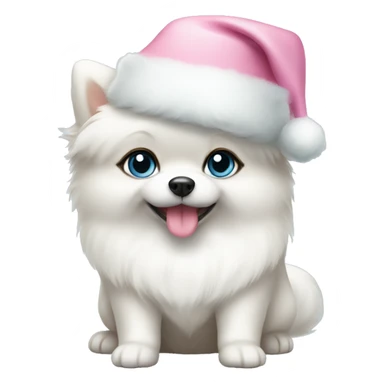 white pomeranian puppy full body light blue eyes pink christmas hat on sticker