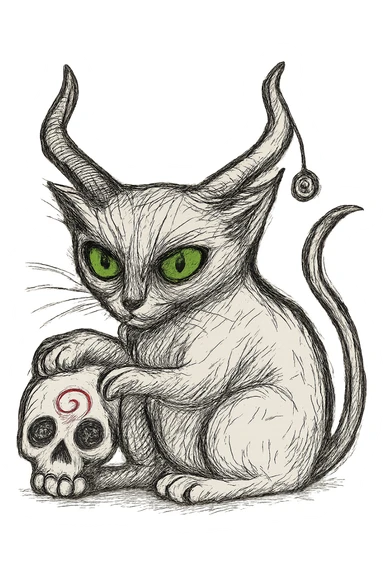 Edit the cat image to have striking green eyes. Keep the realistic hand drawn style with dynamic black outlines and no fill. Preserve the charm on the horn and the red spiral on the skull. Maintain the transparent background as is. sticker