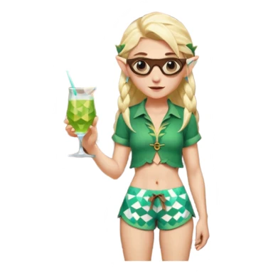 elf female legolas portrait, patterned board shorts (geometric/abstract), unique wooden-framed sunglasses, undercut hairstyle, slight smirk, visible pointy ears, no background, centered emoji, hipster summer vibe coctails  sticker