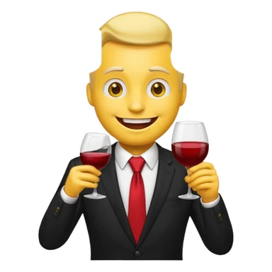 Yellow emoji with black suit and red tie, drinking wine, freaky smiling face, handsome sticker