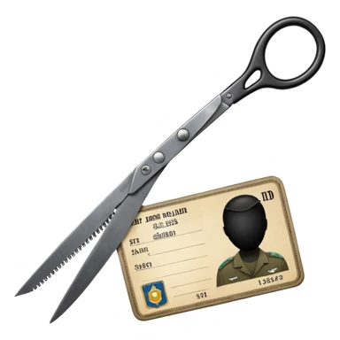 Floating black Scissors cutting in half an idf soldier ID card in 2 parts .hyper realistic sticker