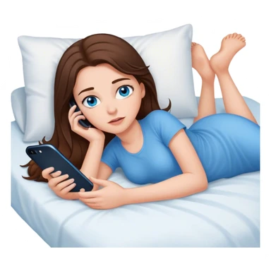 White girl brunett blue eyes, laying on her stomach  In bed using her phone sticker