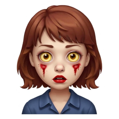 FAÇA UMA PERSONAGEM FOFA COM NARIZ DE BOLINHA AVERMELHADO CLARO E ZUMBI CABELO MARRON ONDULADO E FRANJA CURTA   COMO SE NÃO SOUBESSE OQ FEZ LÁBIOS CLAROS FECHADOS E OLHOS AMARELOS sticker
