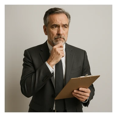 mature man in a suit holding a clipboard, thoughtful look, minimal background sticker