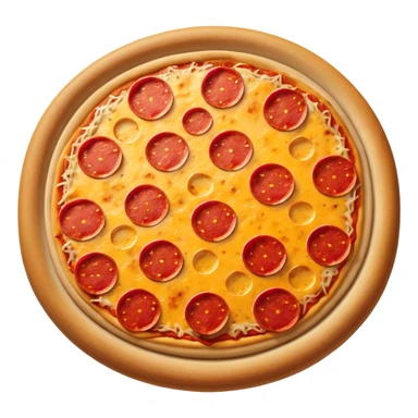 "A whole pepperoni pizza, hyper-realistic, glossy 3D illustration, soft studio lighting, bright red pepperonis, yellow cheese, brown crust, white background, iOS emoji style." sticker