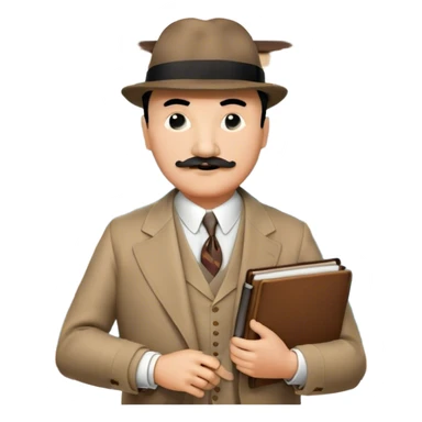 A cinematic-style frame showing Hercule Poirot in his iconic suit with a notebook in a dramatic detective pose. Background should be mysterious city, map, a board with photos of suspects, clues like fingerprints. Transparent background. sticker