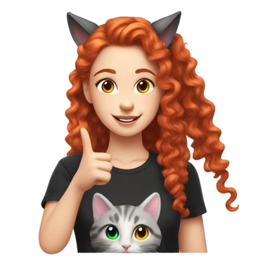 a white girl with long red curly hair in a pony tail with rainbow shirt does peace sign wearing cat ears one black other white sticker
