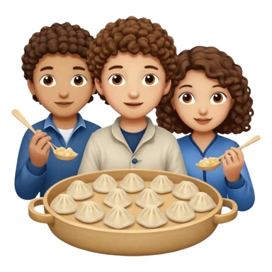 Can you create an emoji of three 23 year olds eating dumplings. One boy with brown curly hair one Jewish girl and one half Indian / half white girl.  sticker