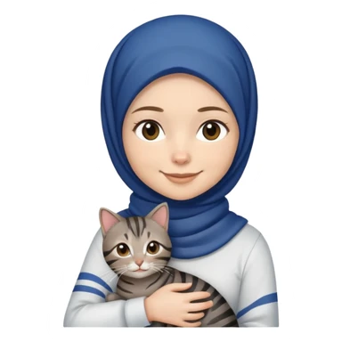 White girl wearing dark blue hijab with white shirt smiling while holding a black grey brown stripes tabby cat sticker