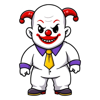 full-body demonic clown in a white leisure suit with bellbottom pants, bald, black ram horns, elevator shoes, flashy belt, ruffled shirt, colorful tie sticker