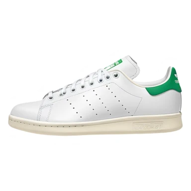 Classic white Adidas Stan Smith sneaker with green heel tab, white leather body, side view, perforated three stripes, iOS emoji style sticker