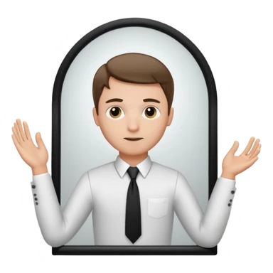 A man looking into a mirror holding his hand. He should be facing the mirror. He should be wearing a white dress shirt and a black tie. sticker