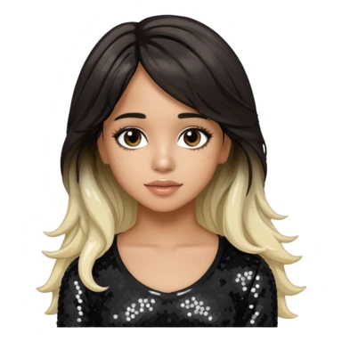 Camila Cabello from Fifth Harmony with long dark brown with platinum blonde highlights hair, black sequin outfit sticker