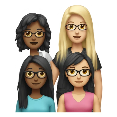 Four friends. One is Indonesian with a black mullet, one is a woman with a red shag hair cut, one is a girl with blonde hair and pink glasses and one is a masculine woman with short blond hair  sticker