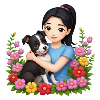 A beautiful girl with black ponytail and wearing short sleeves happily hugs a dog in the flowers sticker