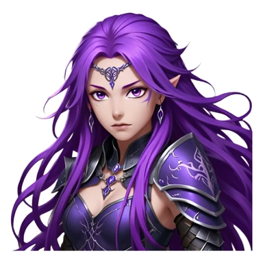 A mysterious warrior girl with long, flowing purple hair cascading down her back, strands catching the dim light like silk. Her piercing violet eyes glow beneath her furrowed brow, sharp with determination and wisdom beyond her years. She wears sleek black armor, a perfect fusion of elegance and lethality, adorned with intricate silver engravings resembling ancient runes. A dark cape billows behind her, torn at the edges from countless battles. sticker