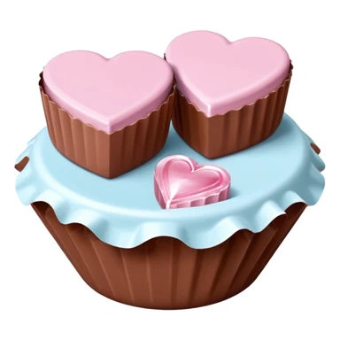 Two square milk chocolate pralines , sharp-edged glossy cubes placed diagonally side by side, each sitting in a small white fluted paper candy cup.
Flat thin pastel pink heart icing centered on top with fine sugar crystal sparkle, clean studio product lighting,  sticker