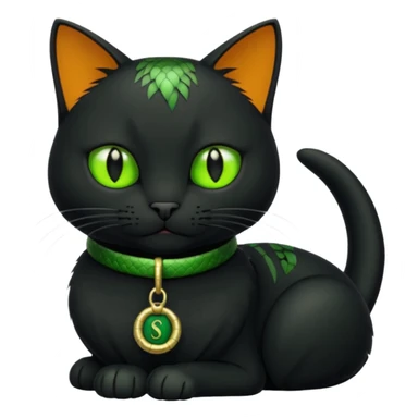 A black cat wearing a green collar with a snake tag  sticker