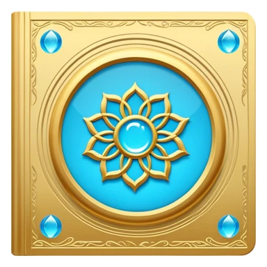 Un libro book dorado y azul celeste con detalles esmeralda, bordes luminosos y un símbolo de círculo zen, loto en la portada, irradiando presencia, tranquilidad y despertar espiritual. portada de libro sticker