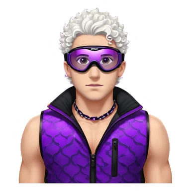 close-up of bad guy male athlete with white skin and moderately curly dark brown hair on top with shaved sides, wearing ski goggles with purple frames and very dark black lenses, a simple plain black chain necklace, and a completely unzipped sleeveless vest with purple and black sequin fire pattern design with no logo, with an extremely arrogant sneer on his face, looking menacing and villainous, exuding overconfidence and a threatening aura sticker