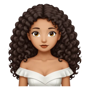 Dark tanned skin girl with very dark brown very big long curly hair, very dark Asian eyes, white dress at boatneck neckline   sticker